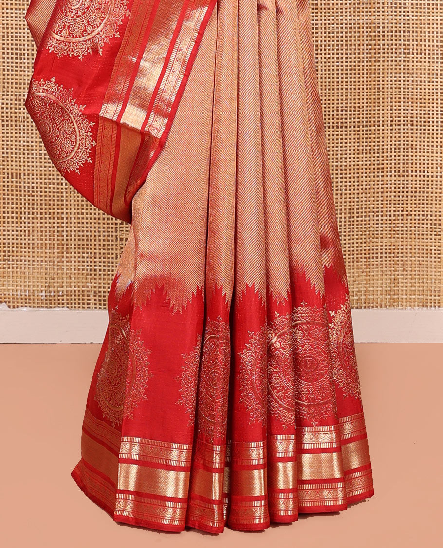 Red Kanchipuram Wedding Silk Saree, Gleamed Up with Zari and Chakram Designs on Its Body, Highlighted by a Zari Border of Muthu, Kamalam, and Vanki Designs, Intricately Designed Pallu, and Paired with a Matching Blouse