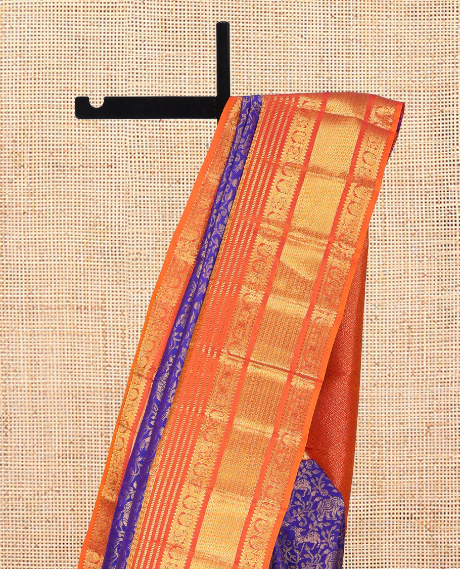 Violet Kanchipuram Wedding Silk Saree Features Vansingaram Jacquard Design, Contrast Border of Muthu, Rekku, Kathir, Mayil, Rekku, Manga, and Mayil Kann, Grand Pallu, and a Matching Blouse