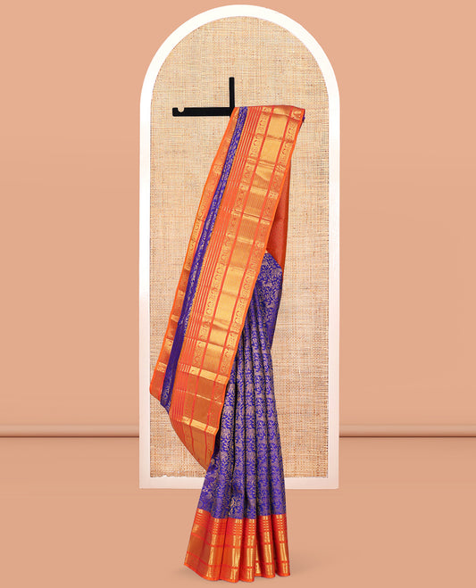 Violet Kanchipuram Wedding Silk Saree Features Vansingaram Jacquard Design, Contrast Border of Muthu, Rekku, Kathir, Mayil, Rekku, Manga, and Mayil Kann, Grand Pallu, and a Matching Blouse