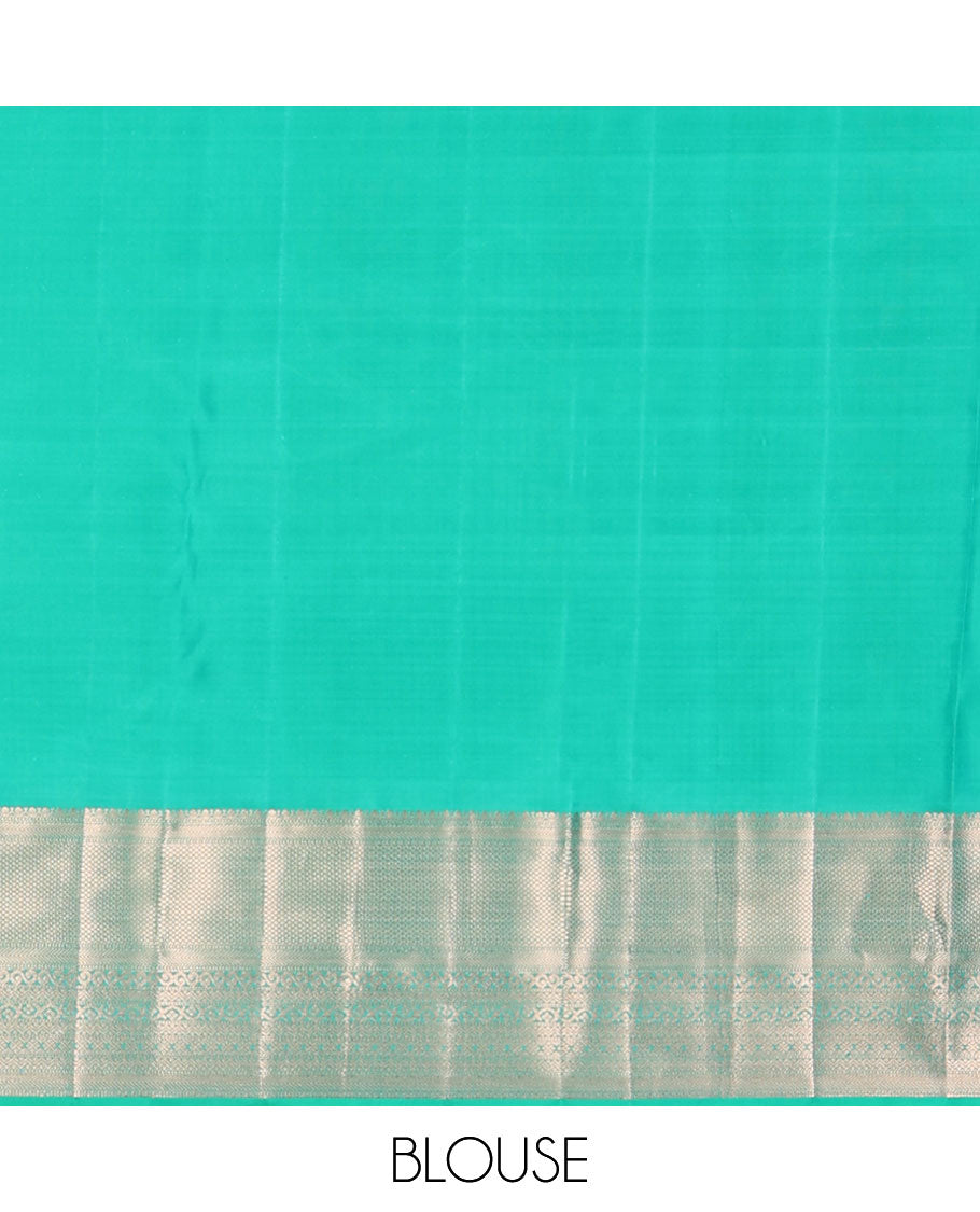 Turquoise jacquard Kanchipuram wedding silk saree, zari border of kathir, mayil kann, rettai neli, and lavangam kodi designs, and manga design pallu