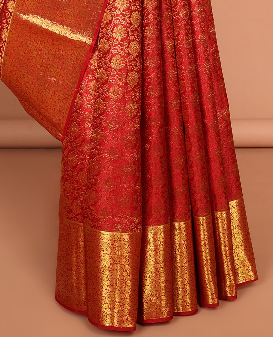 Red floral jacquard kancheepuram silk saree with self zari design border & pallu of argyle design