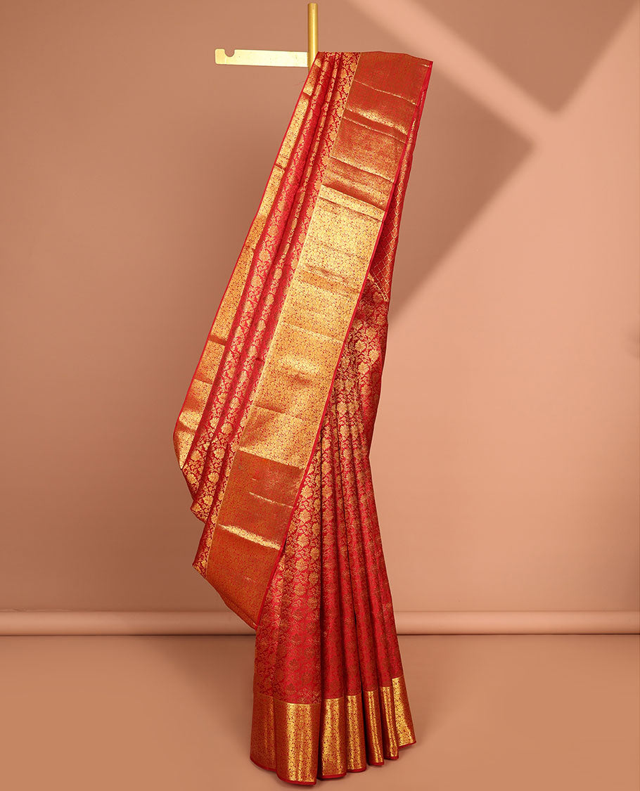 Red floral jacquard kancheepuram silk saree with self zari design border & pallu of argyle design