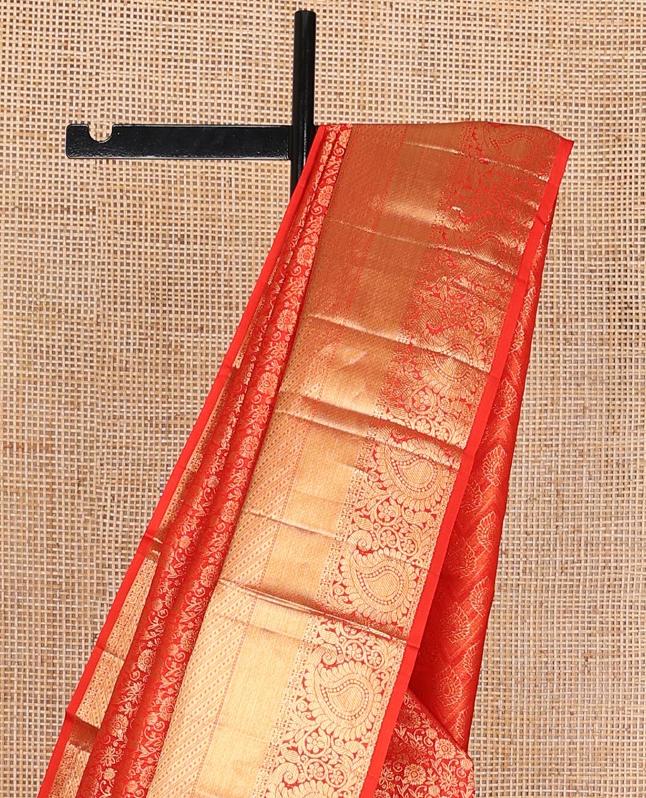 Red floral jacquard kanchipuram wedding silk saree, zari border of rekku,kamalam & arumbu manga & intricate pallu