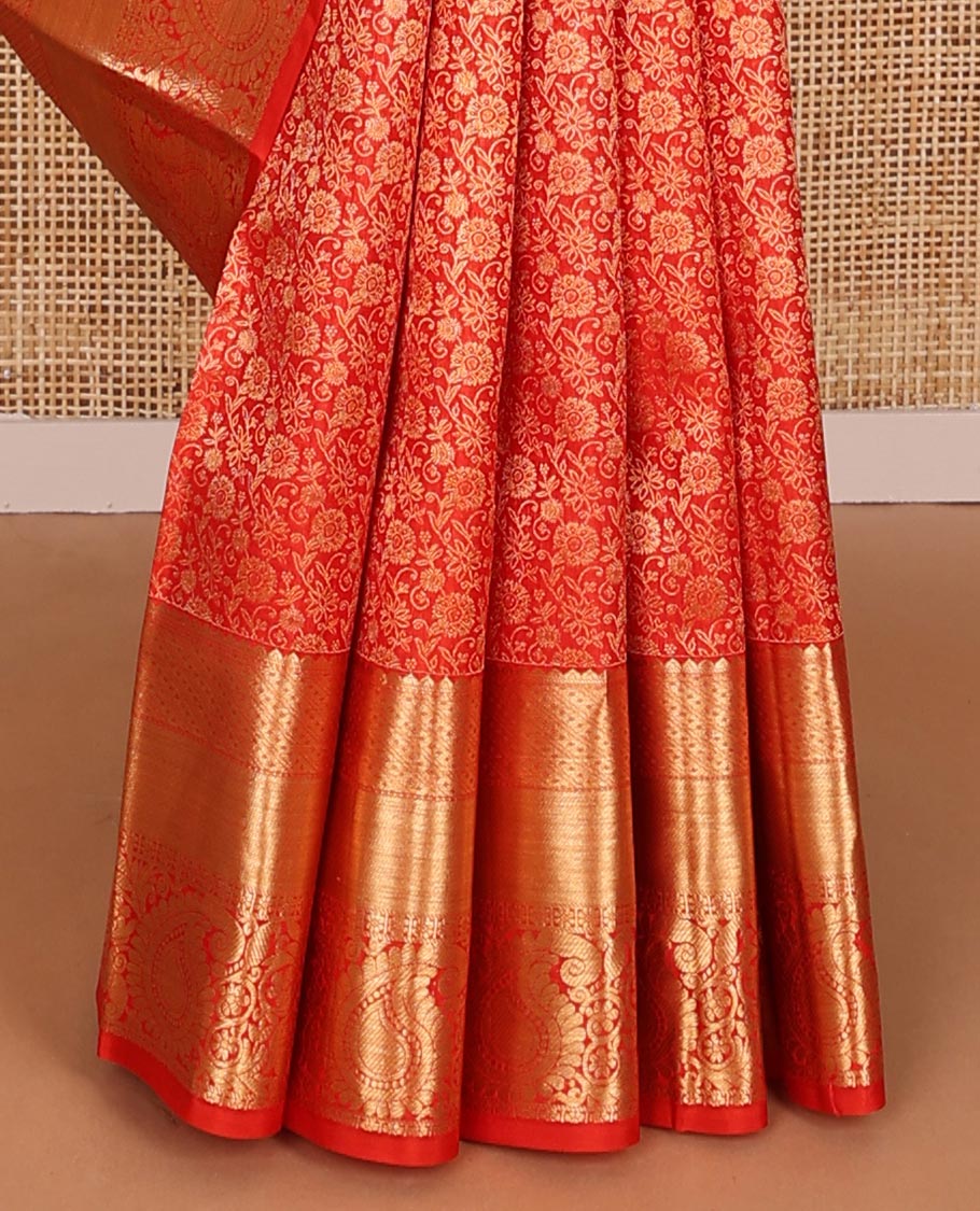Red floral jacquard kanchipuram wedding silk saree, zari border of rekku,kamalam & arumbu manga & intricate pallu