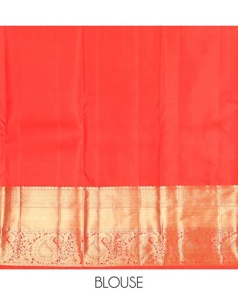 Red floral jacquard kanchipuram wedding silk saree, zari border of rekku,kamalam & arumbu manga & intricate pallu