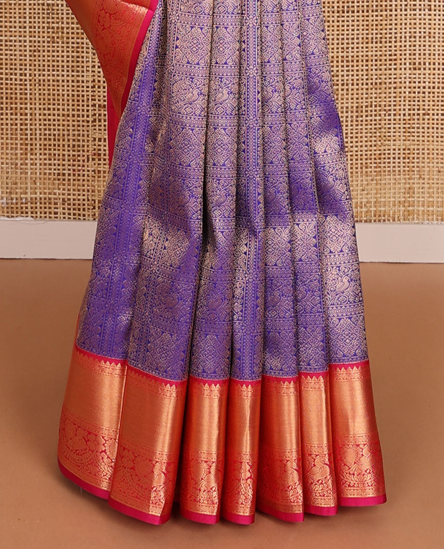Blue jacquard wedding silk saree, contrast jaal pallu & border of rekku, rettai neli poun & mayil designs