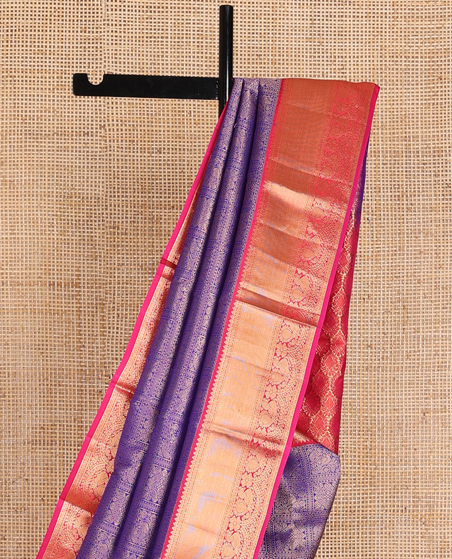 Blue jacquard wedding silk saree, contrast jaal pallu & border of rekku, rettai neli poun & mayil designs