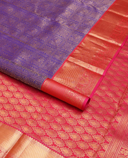 Blue jacquard wedding silk saree, contrast jaal pallu & border of rekku, rettai neli poun & mayil designs