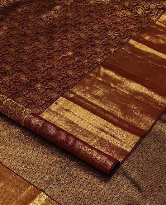 Brown jacquard wedding silk saree, traditional zari design steeped border, and zari-rich intricate pallu