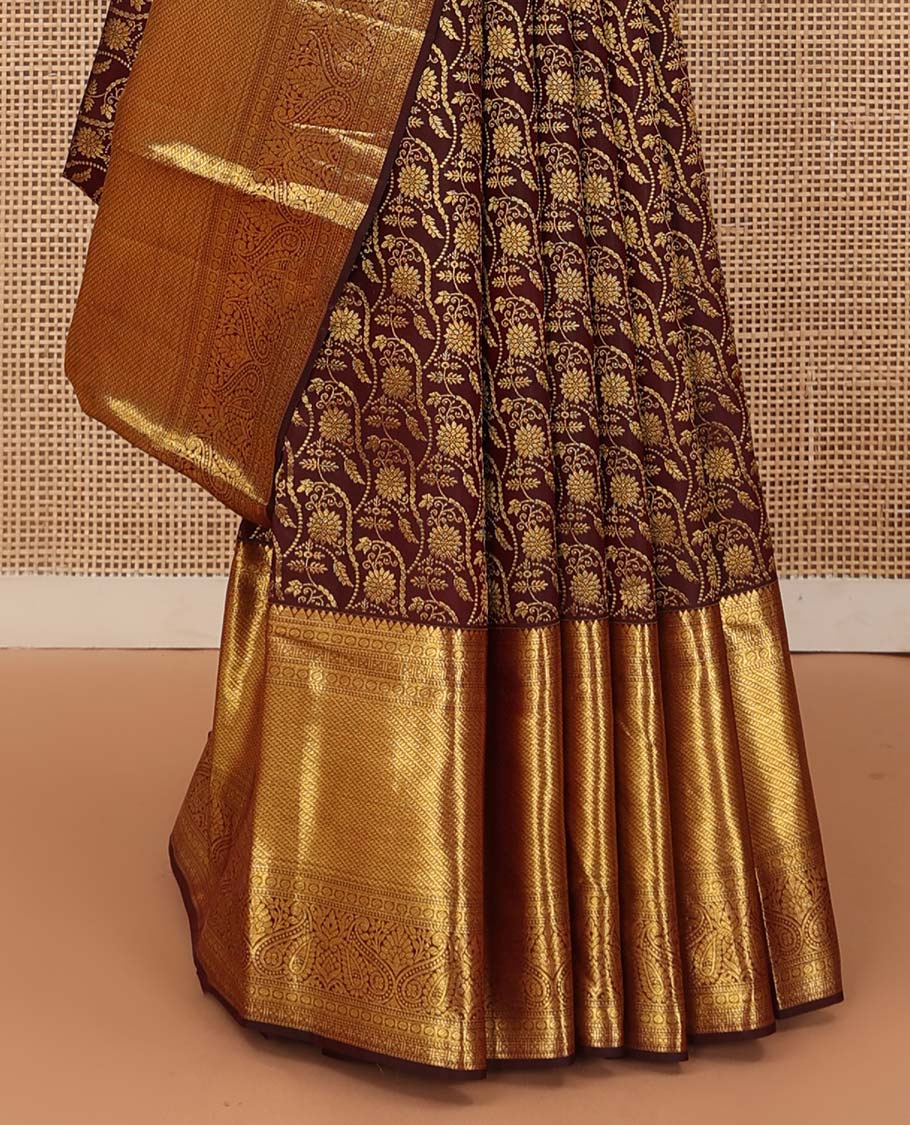 Brown jacquard wedding silk saree, traditional zari design steeped border, and zari-rich intricate pallu