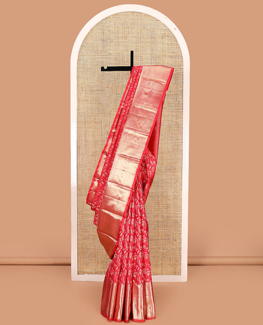 Red jacquard kanchipuram silk saree, zari border of thilakam mokku, mayil kann, and vanki designs, and jaal pallu