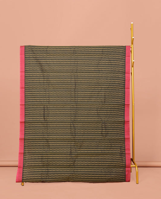 Grey Kanchi Cotton Saree, Adorned with Zig-Zag Stripes All Over Its Body, Complemented by Contrast Border, Intricate Pallu and Paired with a Matching Blouse