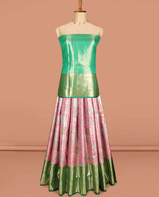 Pink art silk half saree, tropical jacquard with contrast traditional zari border skirt, jacquard contrast blouse and zari woven dhavani