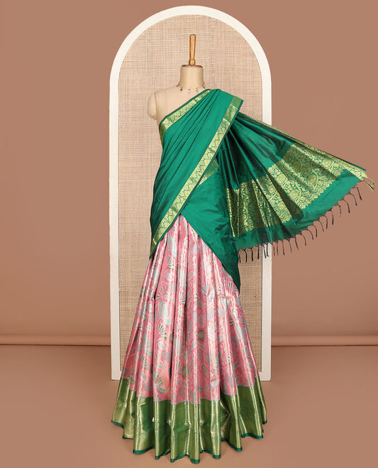 Pink art silk half saree, tropical jacquard with contrast traditional zari border skirt, jacquard contrast blouse and zari woven dhavani