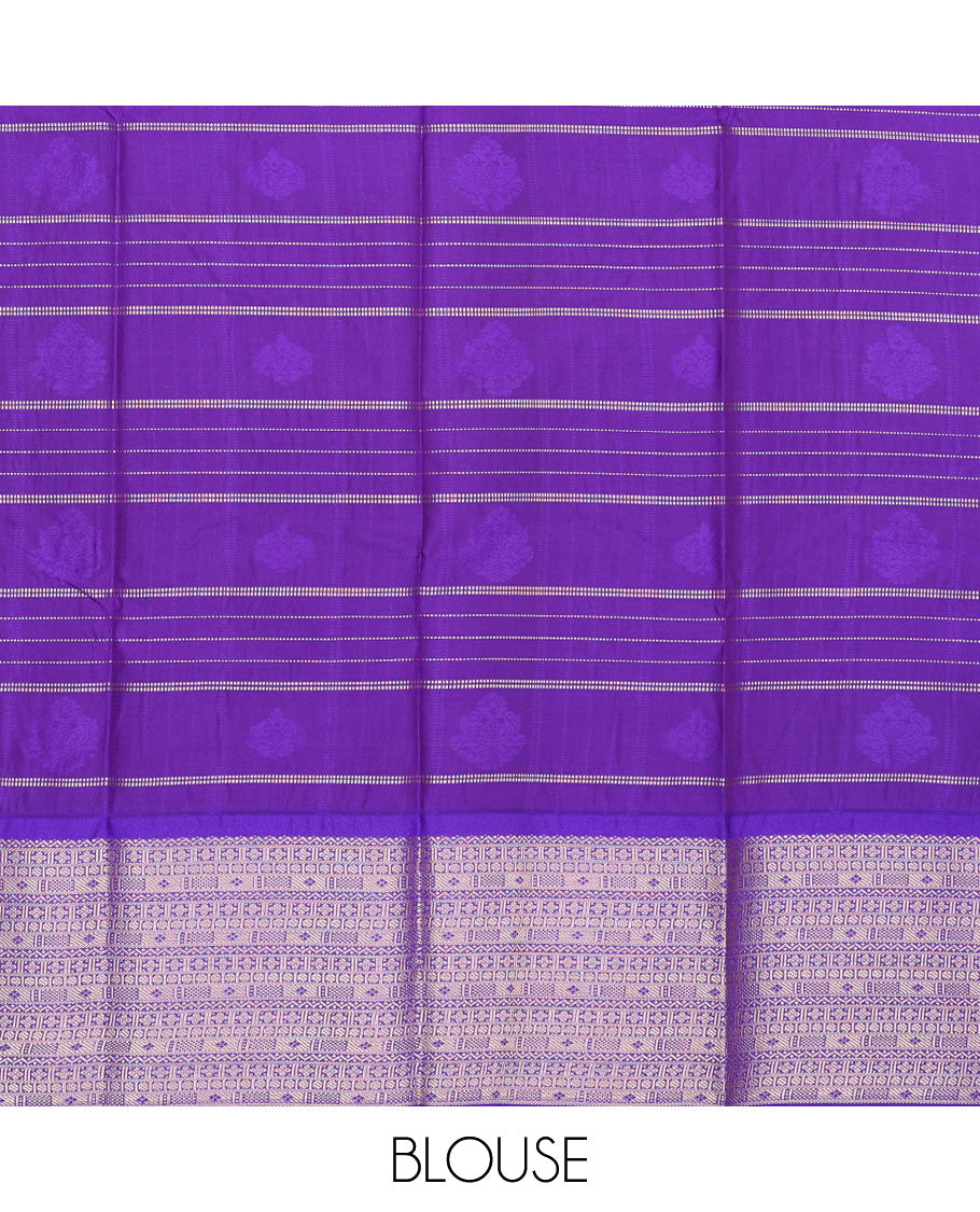 Mustard silk pavadai set, embossed, zari design with contrast traditional zari bordered skirt and a contrast zari design blouse