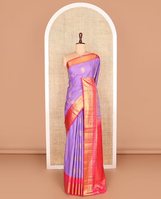 Lavender zari buttas budget silk saree, contrast traditional zari design border, and jaal pallu