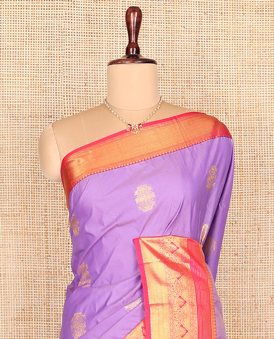 Lavender zari buttas budget silk saree, contrast traditional zari design border, and jaal pallu