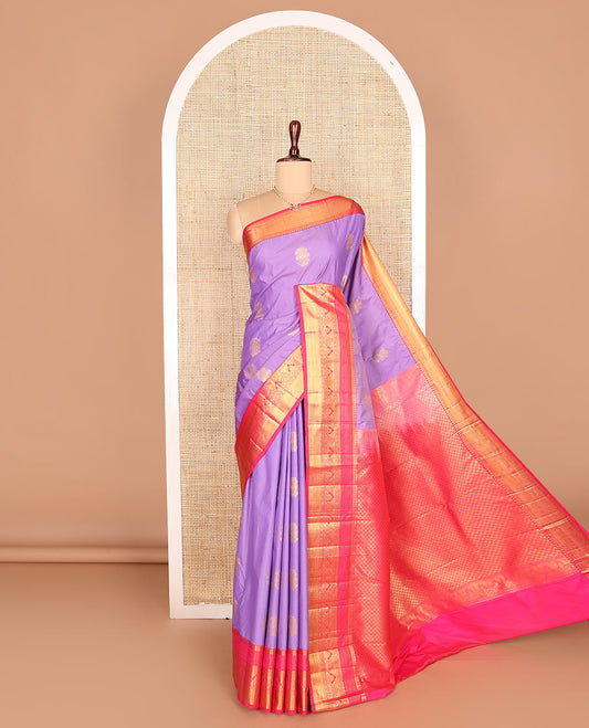 Lavender zari buttas budget silk saree, contrast traditional zari design border, and jaal pallu