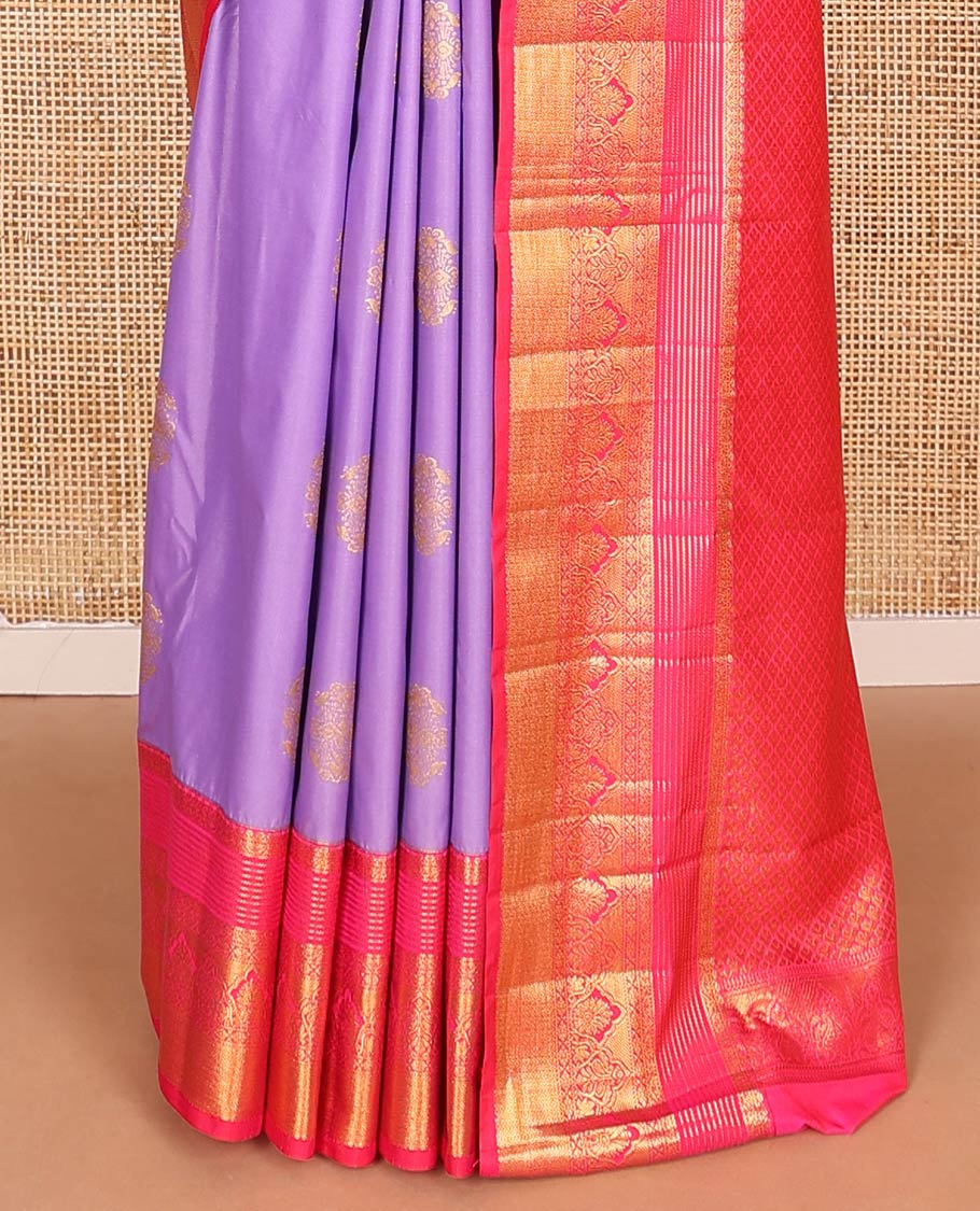 Lavender zari buttas budget silk saree, contrast traditional zari design border, and jaal pallu