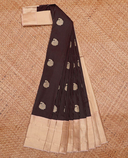 Brown zari buttas and striped gift saree, contrast traditional zari design woven border, and jaal pallu