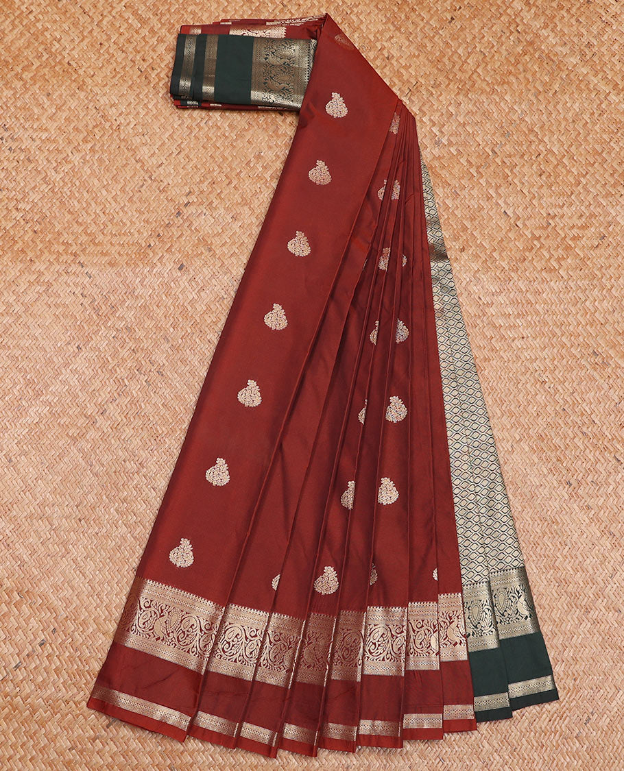 Yellow Budget Silk Saree Artfully Woven with Zari Peacock Buttas, Featuring a Traditional Zari-Design Steeped Border, Captivating Contrast Jaal Pallu, and a Contrast Blouse