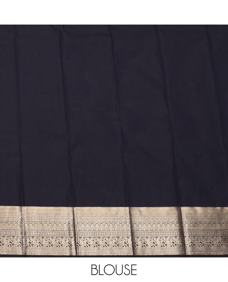 Black Budget Silk Saree Designed with Zari Stripes and Paisleys, Highlighted with a Traditional Zari Design Border, Zari-Rich Jaal Pallu, and a Matching Zari-Bordered Blouse
