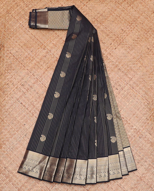 Black Budget Silk Saree Designed with Zari Stripes and Paisleys, Highlighted with a Traditional Zari Design Border, Zari-Rich Jaal Pallu, and a Matching Zari-Bordered Blouse