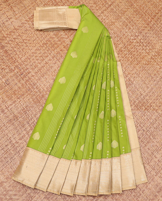 Green Budget Silk Saree, Spotlighted with Zari Buttas and Zari Stripes All Over Its Body, Complemented by a Contrast Traditional Zari Design Woven Border, Geometric Patterned Pallu, and Paired with a Contrast Blouse