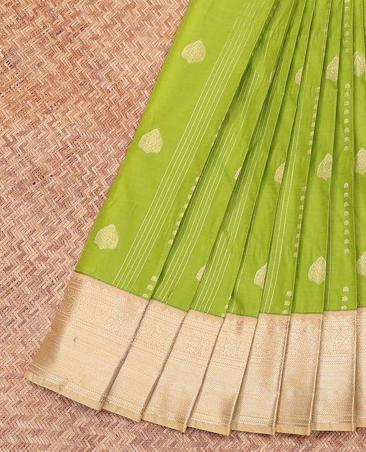 Green Budget Silk Saree, Spotlighted with Zari Buttas and Zari Stripes All Over Its Body, Complemented by a Contrast Traditional Zari Design Woven Border, Geometric Patterned Pallu, and Paired with a Contrast Blouse