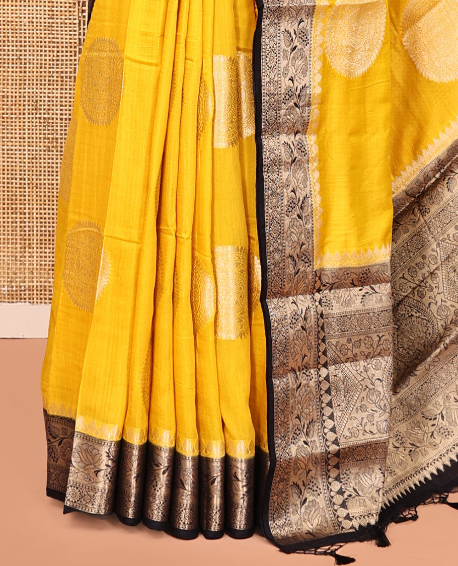 Yellow Assam Silk Saree, Woven with Round Buttas, Complemented by Contrast Floral Creeper Border, an Intricately Designed Pallu, and a Contrast Blouse