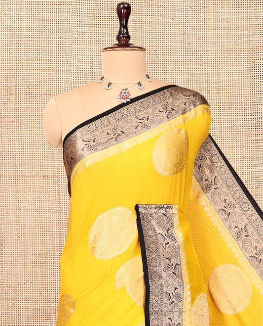 Yellow Assam Silk Saree, Woven with Round Buttas, Complemented by Contrast Floral Creeper Border, an Intricately Designed Pallu, and a Contrast Blouse
