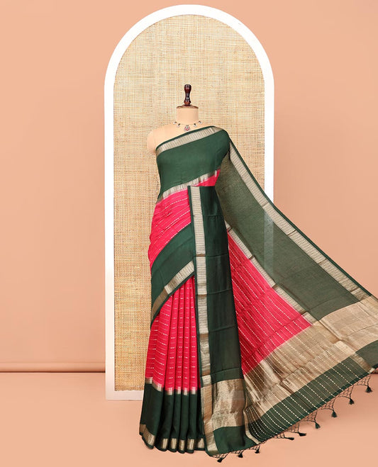 Pink Assam Silk Saree, Ornamented with Checks, Complemented by a Contrast Traditional Border, Zari-Design Pallu, and a Contrast Blouse