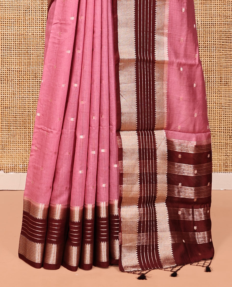 Pink Assam Silk Saree, Decked Up with Zari Buttas, Complemented by a Contrast Traditional Zari Border, Striped Pallu, and a Contrast Blouse