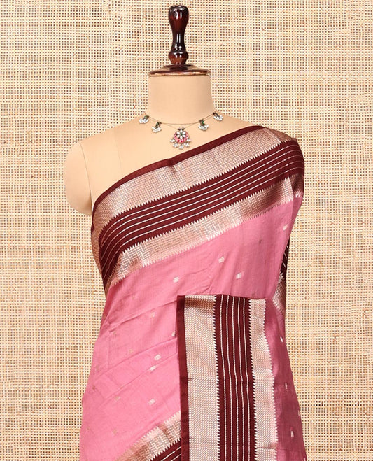 Pink Assam Silk Saree, Decked Up with Zari Buttas, Complemented by a Contrast Traditional Zari Border, Striped Pallu, and a Contrast Blouse