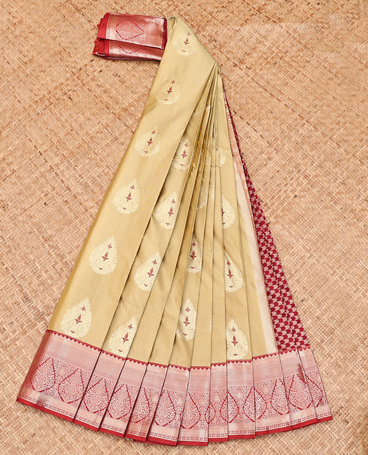 Fawn Brown Budget Silk Saree, Spotlighted with Meena Buttas All Over Its Body, Complemented by Contrast Traditional Zari Border, Geometric Patterned Pallu and Paired with a Contrast Blouse