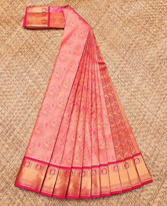 Pink Budget Silk Saree, Dazzled with Jacquard, Complemented by Contrast Traditional Zari Border, Grand Jaal Pallu, and a Contrast Blouse