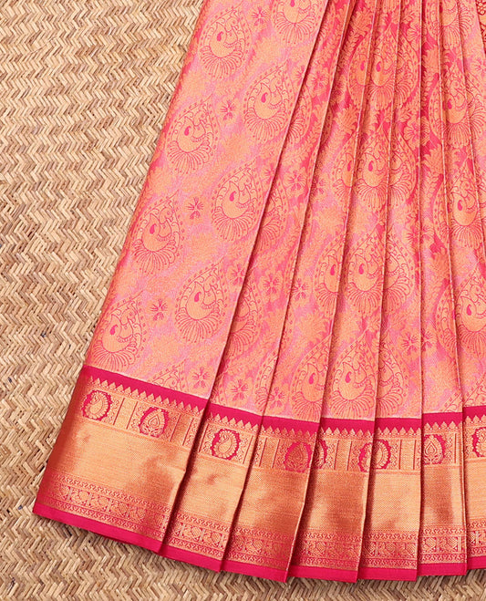 Pink Budget Silk Saree, Dazzled with Jacquard, Complemented by Contrast Traditional Zari Border, Grand Jaal Pallu, and a Contrast Blouse