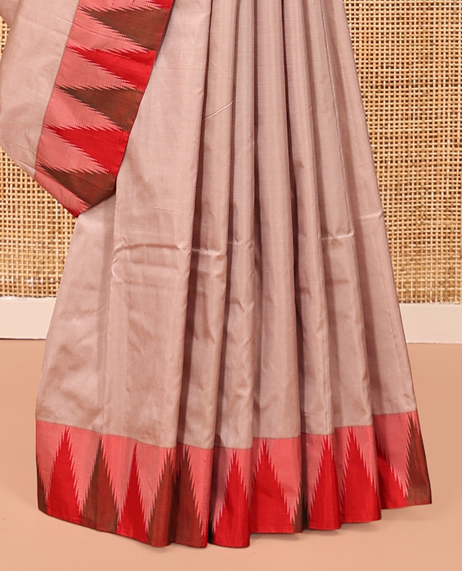 Pale Brown Plain Bangalore Silk Saree, Complemented by a Contrast Temple Border, Pallu of Stripes, and a Contrast Blouse