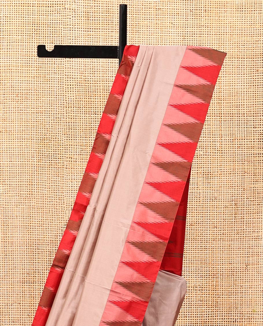 Pale Brown Plain Bangalore Silk Saree, Complemented by a Contrast Temple Border, Pallu of Stripes, and a Contrast Blouse