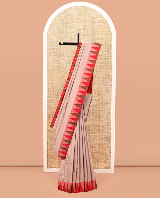 Pale Brown Plain Bangalore Silk Saree, Complemented by a Contrast Temple Border, Pallu of Stripes, and a Contrast Blouse