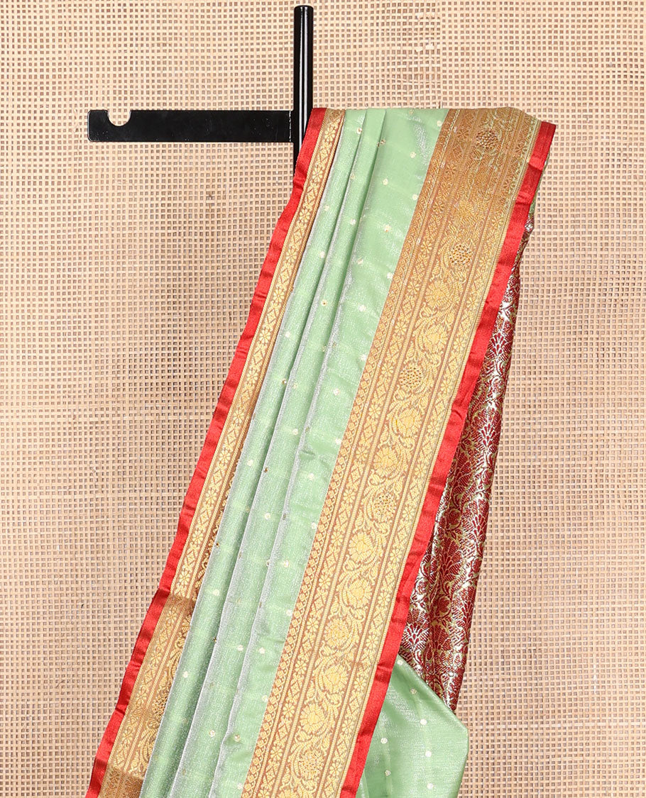 Sea green buttas semi banaras nylon with contrast zari designborder & floral jacquard pallu
