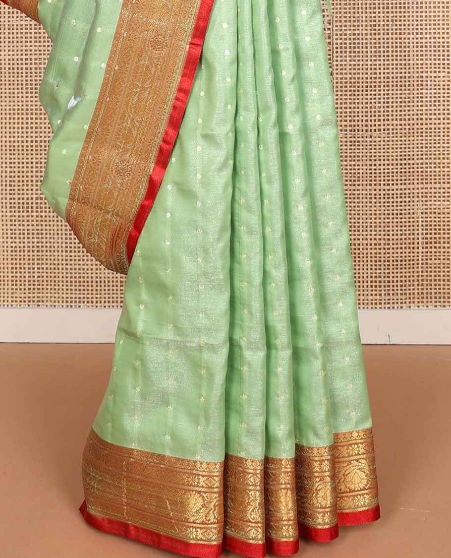 Sea green buttas semi banaras nylon with contrast zari designborder & floral jacquard pallu
