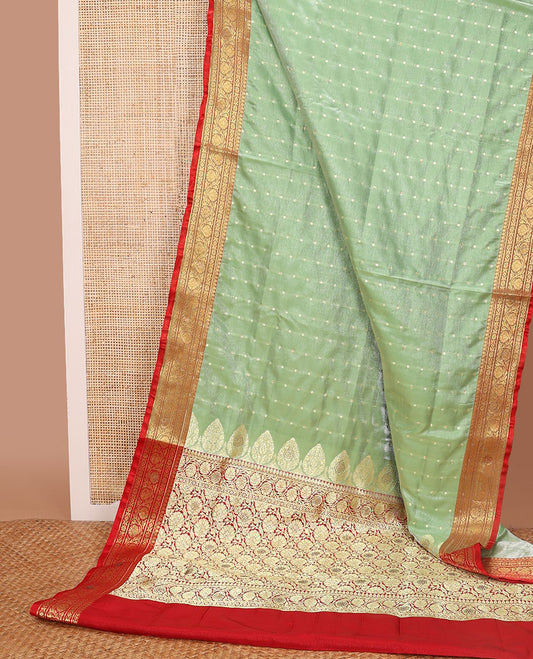 Sea green buttas semi banaras nylon with contrast zari designborder & floral jacquard pallu