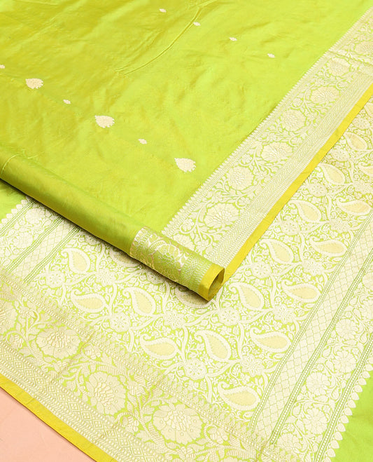 Parrot green buttas banarasi kathan silk saree,  floral creeper  border, and pallu of paisley jaal design