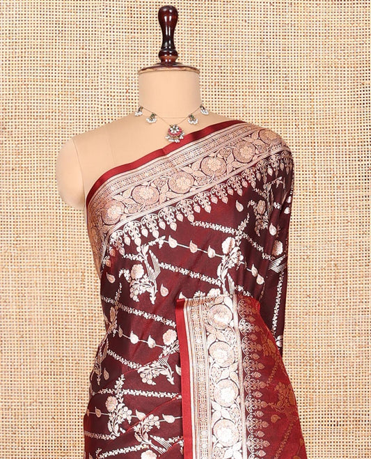 Maroon Banarasi Nylon Saree, Enriched with Buttas, Floral Creeper Zari Border, Intricate Pallu, and a Matching Blouse