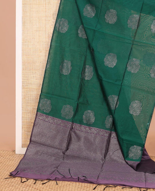 Borderless green zari buttas semi-silk cotton saree, contrast zari woven pallu