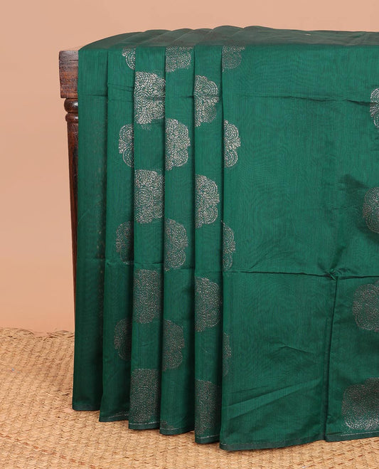 Borderless green zari buttas semi-silk cotton saree, contrast zari woven pallu