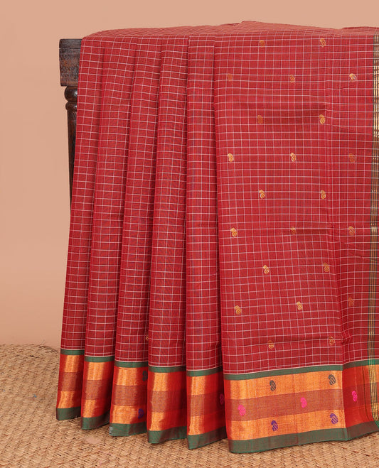 Red paisley buttas Venkatagiri cotton saree, contrast zari and thread work border, and zari striped pallu