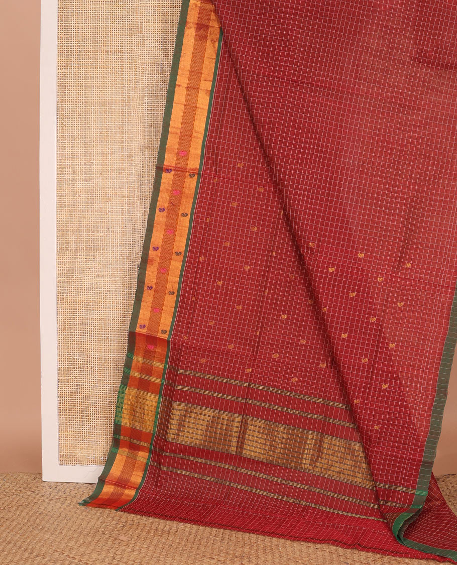 Red paisley buttas Venkatagiri cotton saree, contrast zari and thread work border, and zari striped pallu