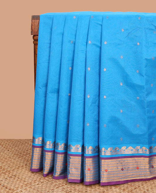 Blue zari buttas Venkatagiri cotton saree with contrast traditional zari border, and pallu of zari stripes